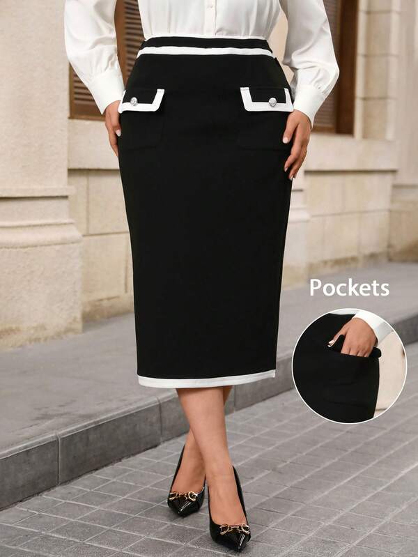 EMERY ROSE Plus Size Women Autumn/Winter Casual Elegant Fashion Commuter Colorblock Trim Black Mid-Length Skirt, Suitable Wedding, Friends Gathering,Office Wear