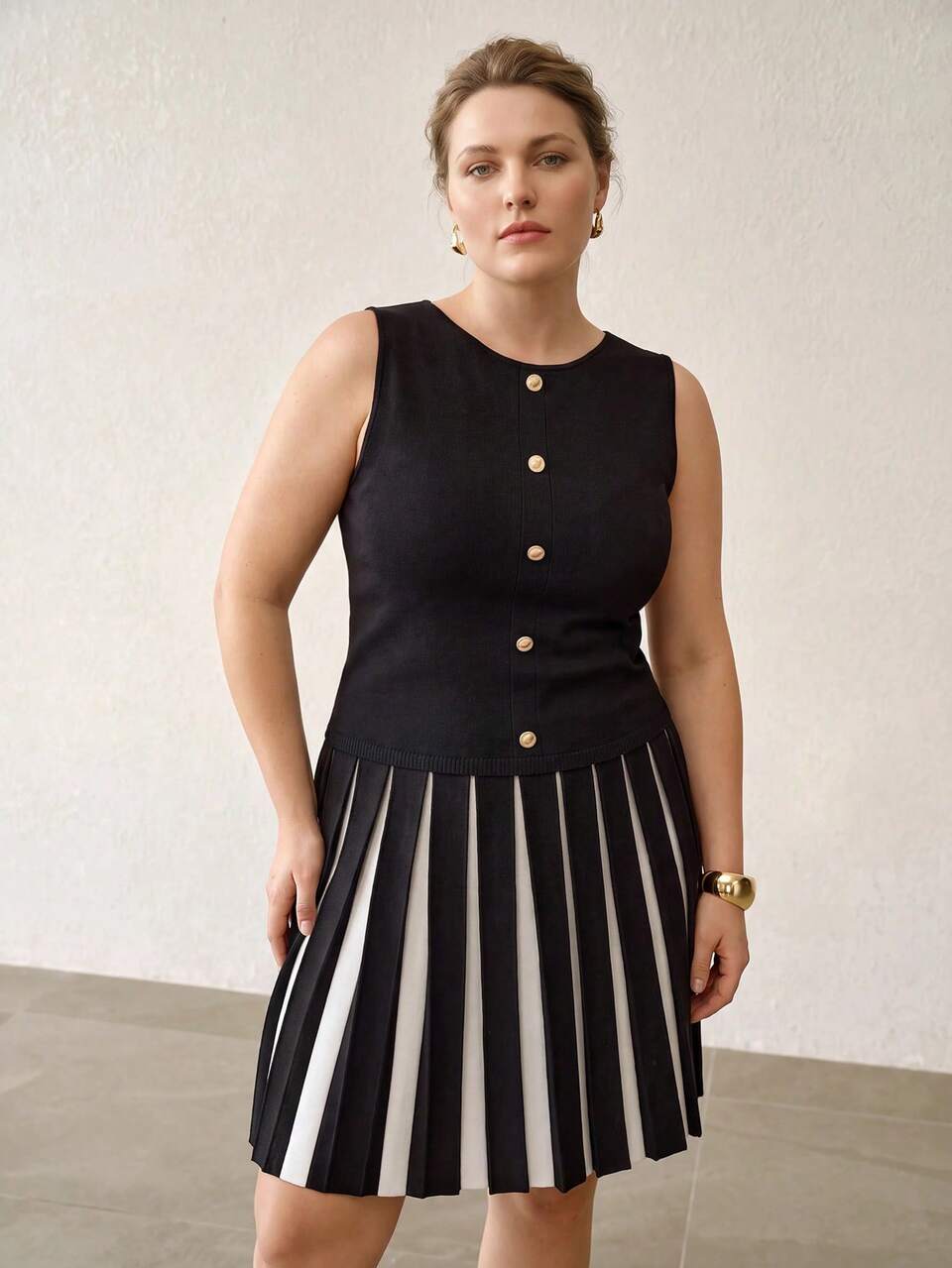 MOTF WOMEN'S PLUS SIZE COLORBLOCK BUTTON DECOR KNIT DRESS