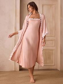 Charlaine 2pcs Women Elegant Satin Camisole Dress & Robe Sleepwear Set - Coral Pink - View 6