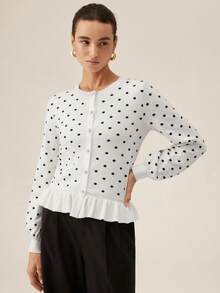 SHEIN Orluneo Cardigan Rajut Ruffle Lengan Panjang Bermotif Polkadot untuk Wanita - MultiWarna - View 4
