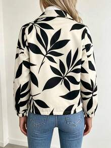 SHEIN Holidaya Women's Black White Abstract Leaf Print Lapel Collar Loose Casual 1920 Vintage Short Zip-Up Composite Fleece Long Sleeve Jacket Going Out Autumn - Multicolor - View 2