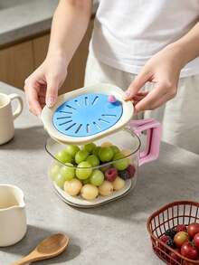 Multifunctional Fruit Washing Bowl With Foldable Handle, 2-In-1 Drain Strainer Container With Lid, Kitchen Vegetable Washing Draining Storage Serving Bowl For Fridge, Picnic - Multicolor - View 4