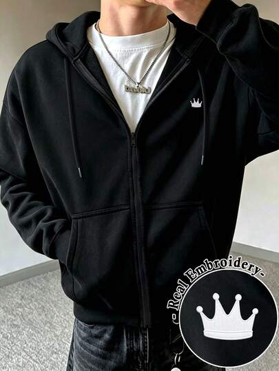 Resyla Men Men's Crown Pattern Drawstring Hooded Long Sleeve Sweatshirt For Daily Wear