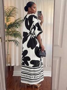 SHEIN Lady CURVE 大尺碼女款拼色休閒優雅日常度假夏季旅行洋裝 早午餐正式度假花卉白色 - 黑色 - 查看 2