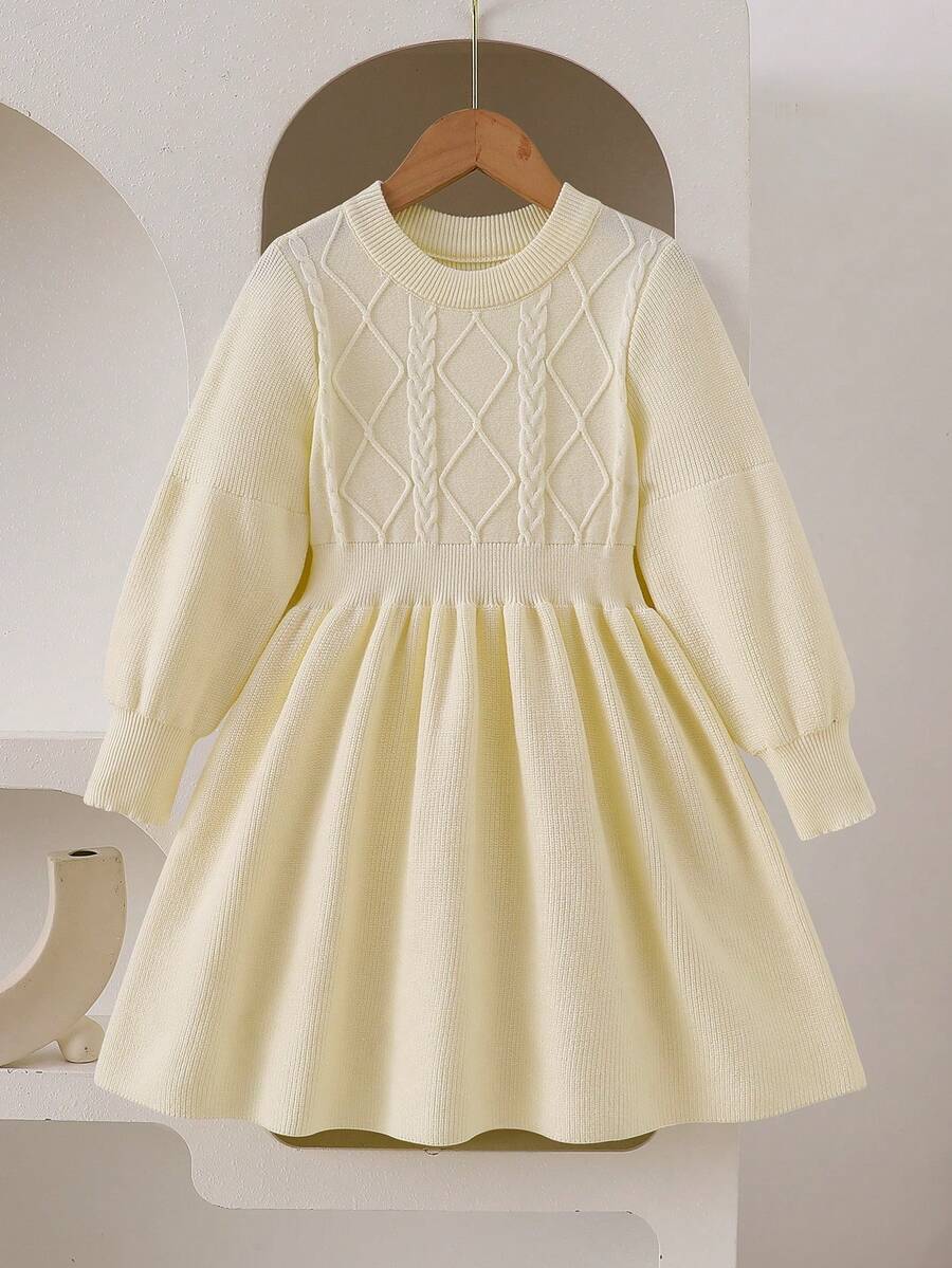 Elladie kids 女童針織毛衣洋裝,2025新款保暖杏色麻花編織套頭長袖洋裝,溫柔慵懶風,圓領柔軟羊毛針織洋裝,適合日常穿著,春季、秋季、冬季 - 杏色 - 查看 1