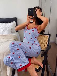 Napfluff V-Neck Striped Heart Print Camisole & Long Pants Pajama Set - Multicolor - View 5