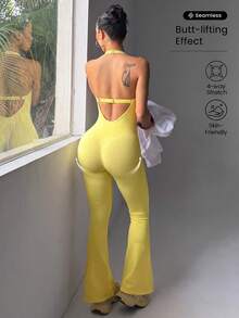 Slayform Slayform Women's Yellow Halter Neck Seamless Sports & Yoga Jumpsuit - Yellow - View 1