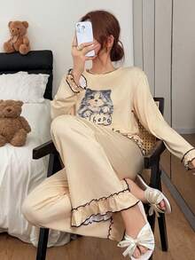 Napfluff Set Piyama Rajut Lengan Panjang Wanita Motif Kucing di Bagian Dada dengan Celana Panjang - Aprikot - View 7