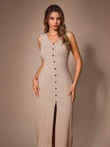 Lazeform Gaun Tank Slim Fit Kasual Berbahan Kain Bertekstur dengan Leher V dan Plaket Palsu untuk Wanita - Khaki - View 7