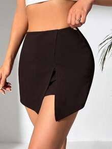 SHEIN PETITE 彈性腰前開衩裙褲 - 咖啡棕 - 查看 3