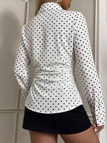 SHEIN EZwear 女款黑白波點印花長袖單排扣休閒法式優雅襯衫 教師節辦公室秋季穿搭 - 彩色 - 查看 2