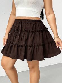 Shapeblank Falda de mujer talla grande unicolor con lazo en la cintura y bajo con volantes - Café integral - Ver 3