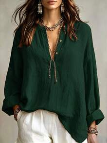 Linhara CURVE Plus Size Woven Casual Office-Style Autumn Shirt Fall - Dark Green - View 1
