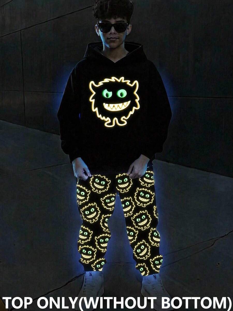 SHEIN Teen Boy Casual Minimalist Cartoon Pattern Drop Shoulder Sweatshirt,Winter Graphic Back To School - Black - View 1