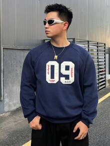 DAZY Autumn/Winter Thermal Lined Navy Blue Sweatshirt Fabric With White Digital Applique Embroidery Heavy Work Men's Pullover Sweatshirt - Navy Blue - View 5