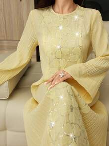 Yasmyna Sequin 3D Floral Decor Round Neck Bell Sleeve Elegant Arabian Dress - Yellow - View 1