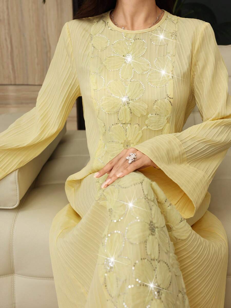 Yasmyna Sequin 3D Floral Decor Round Neck Bell Sleeve Elegant Arabian Dress - Yellow - View 1