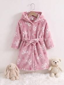 SHEIN Kids Young Girl Young Girl Young Girl Young Girl Heart- Bow Pattern Thermal Lined Thick Plush Hooded Long Sleeve Tie Bathrobe Autumn Winter Pajamas - Pink - View 1