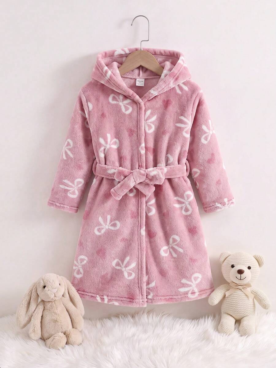 SHEIN Kids Young Girl Young Girl Young Girl Young Girl Heart- Bow Pattern Thermal Lined Thick Plush Hooded Long Sleeve Tie Bathrobe Autumn Winter Pajamas - Pink - View 1
