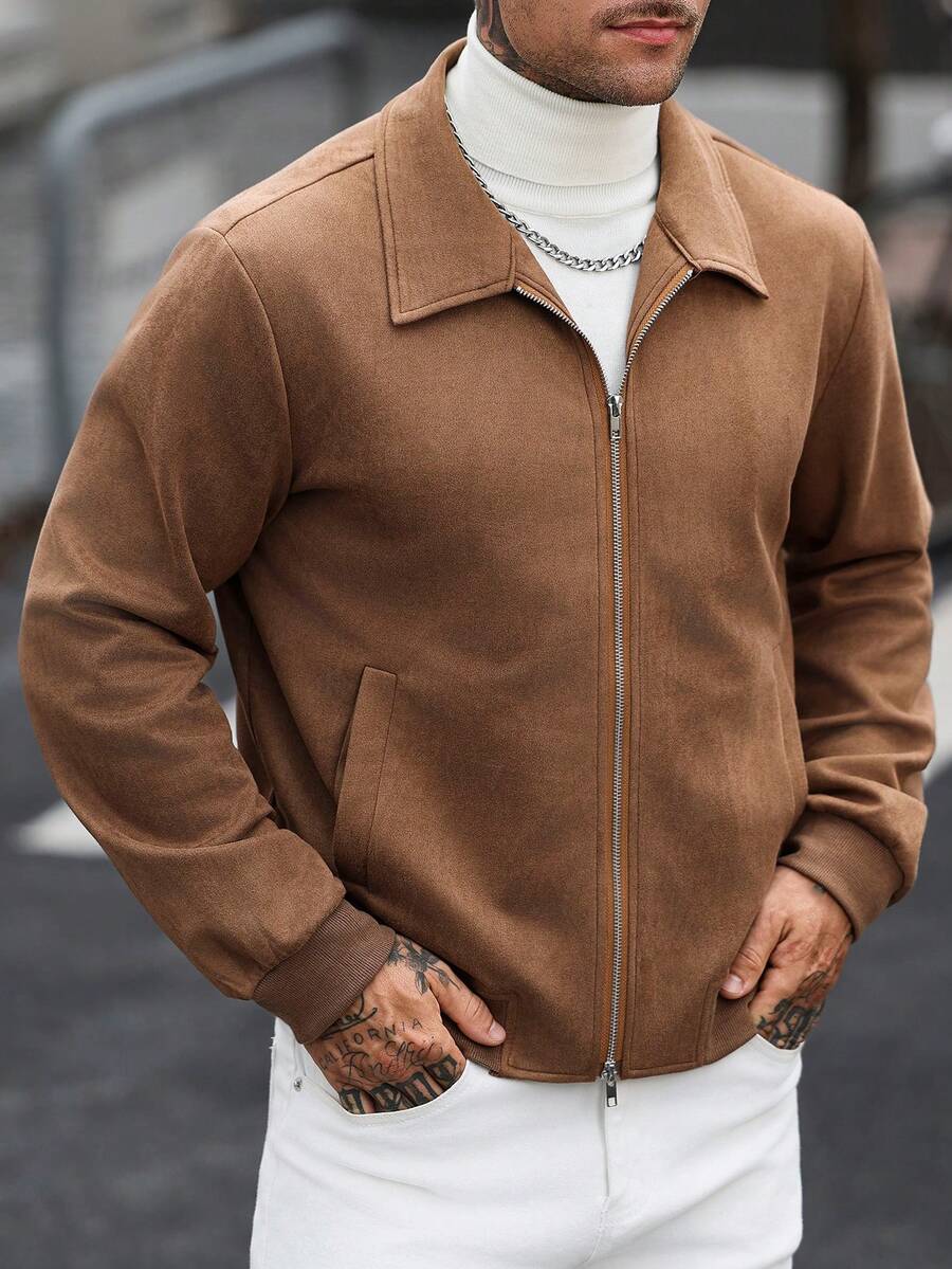 Manfinity CasualCool Men's Brown Suede Zip-Up Jacket - Regular Fit Lapel Collar | Autumn Smart Casual & Hiking Commuter - Brown - View 1