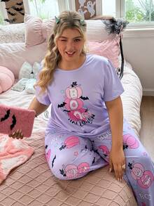 Slumberry CURVE Sweet INS Cute Halloween Pumpkin Bat BOO Print Comfortable Loose Knit Plus Size Pajama Set - Mauve Purple - View 4