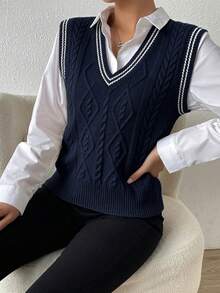 SHEIN PariChic 女款拼色休閒學院風經典日常穿搭針織背心，海軍藍，適合教師，秋季 - 藏蓝色 - 查看 3