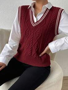 SHEIN PariChic 秋冬季休閒拼色條紋針織背心 - 酒紅色 - 查看 6