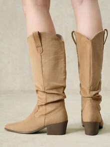 Styleloop 2026 New Thick Heel High Tube Elastic Slip-On Women's Boots Fashionable Natural Wrinkled Western Boots Fall Shoes - Apricot - View 11