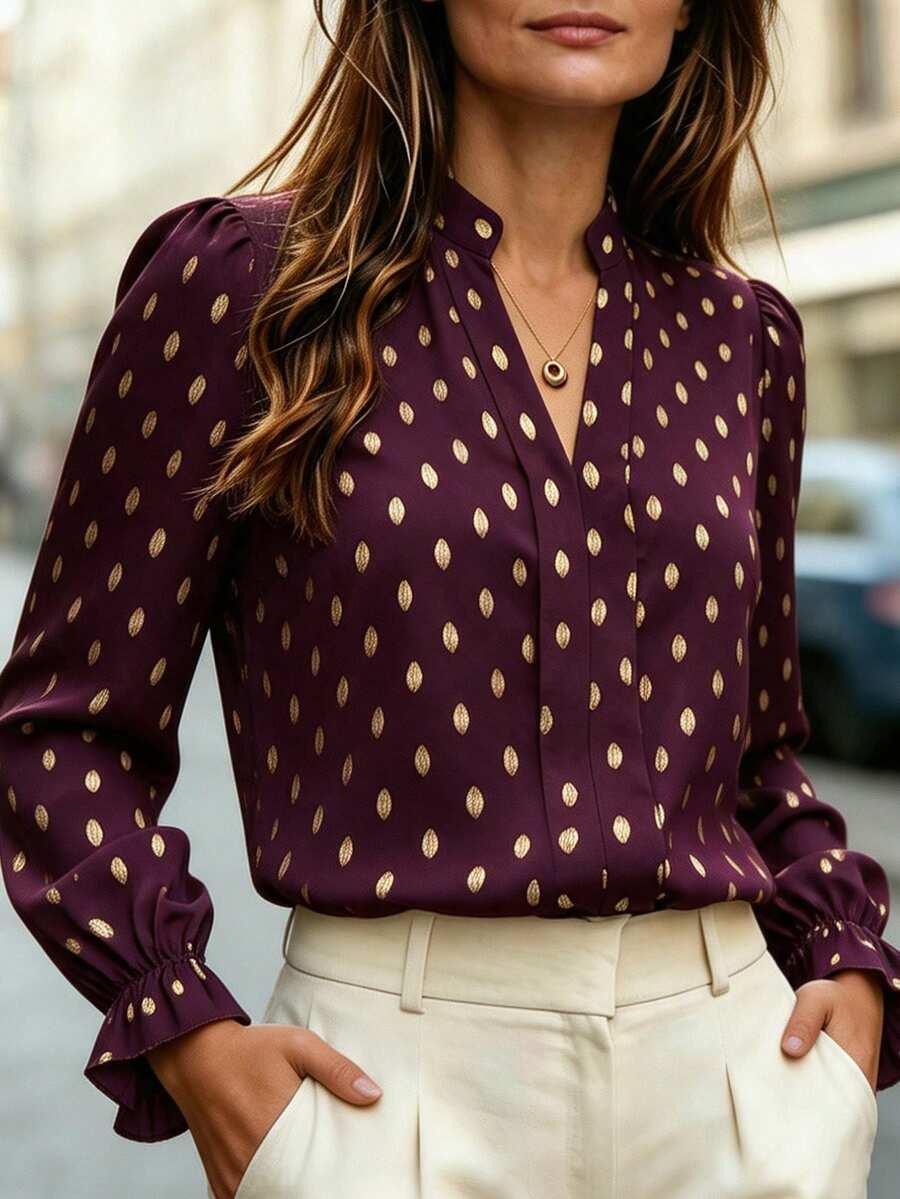 Velvienne Plus Size Woven Casual Gold-Embroidered Autumn Shirt - Red Violet - View 1