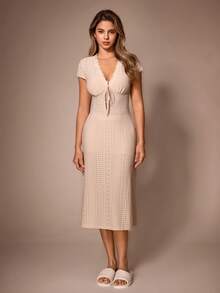 Lazeform Women's Lace Patchwork V-Neck Tie Front Fitted Knit Jacquard Texture Nightgown - Apricot - View 3