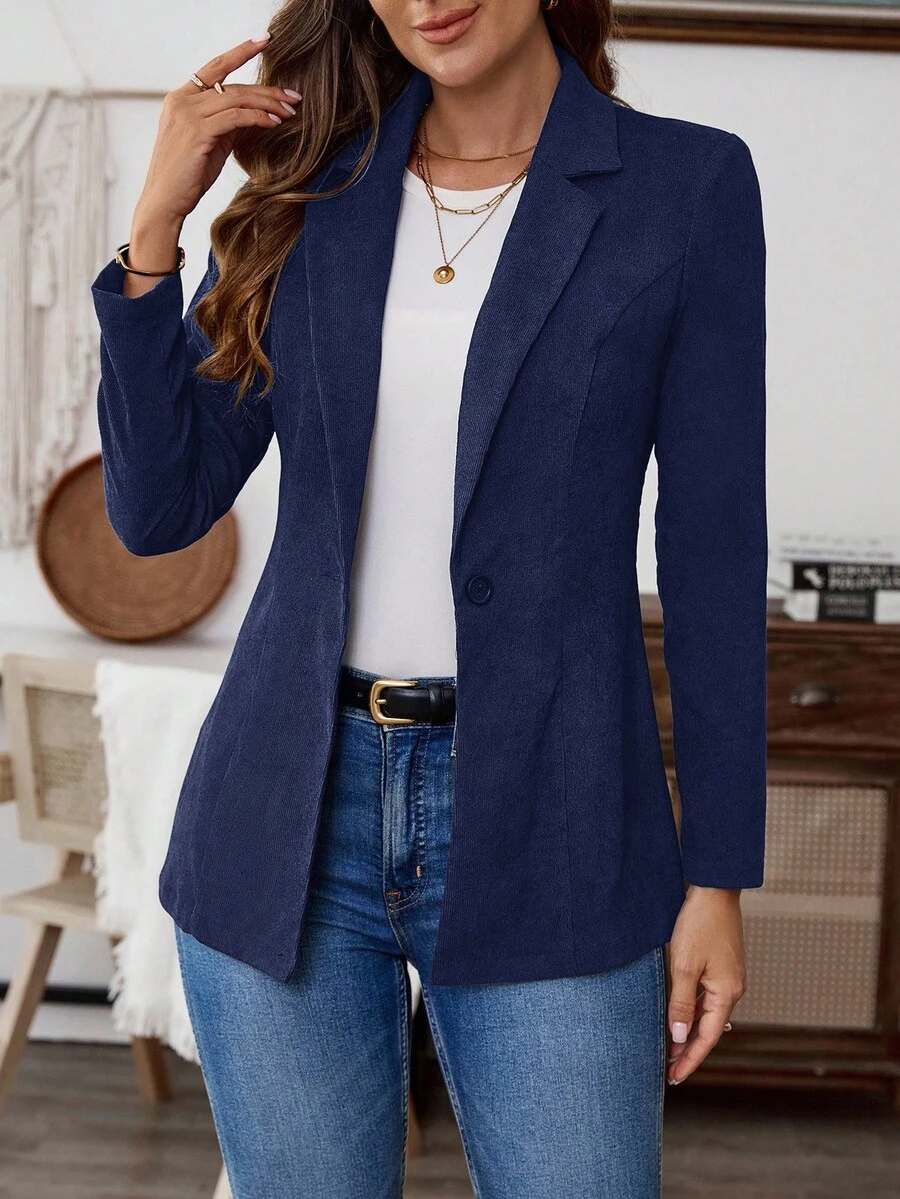 EMERY ROSE Women's Solid Color Lapel NeckLong Sleeve Casual Commuter Blazer - Navy Blue - View 1