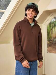 Whitmere Men's Stand Collar Zipper Half Placket Casual Versatile Commute Autumn/Winter Long Sleeve Sweatshirt - Brown - View 6