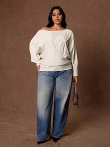 Rustia Plus Size Autumn/Winter Elegant 3D Floral Decor Batwing Sleeve Sweater - Khaki - View 6