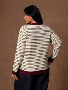 Rustia Cardigan Kasual Serbaguna Wanita Ukuran Plus Motif Garis-Garis Blok Warna untuk Aktivitas Sehari-hari di Musim Dingin - MultiWarna - View 2