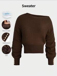 SHEIN Clasi Plus Size Women's Pullover Sweater Winter Elegant Asymmetrical Shoulder Cinched Cinched Waist Metal Button Decor - Coffee Brown - View 8