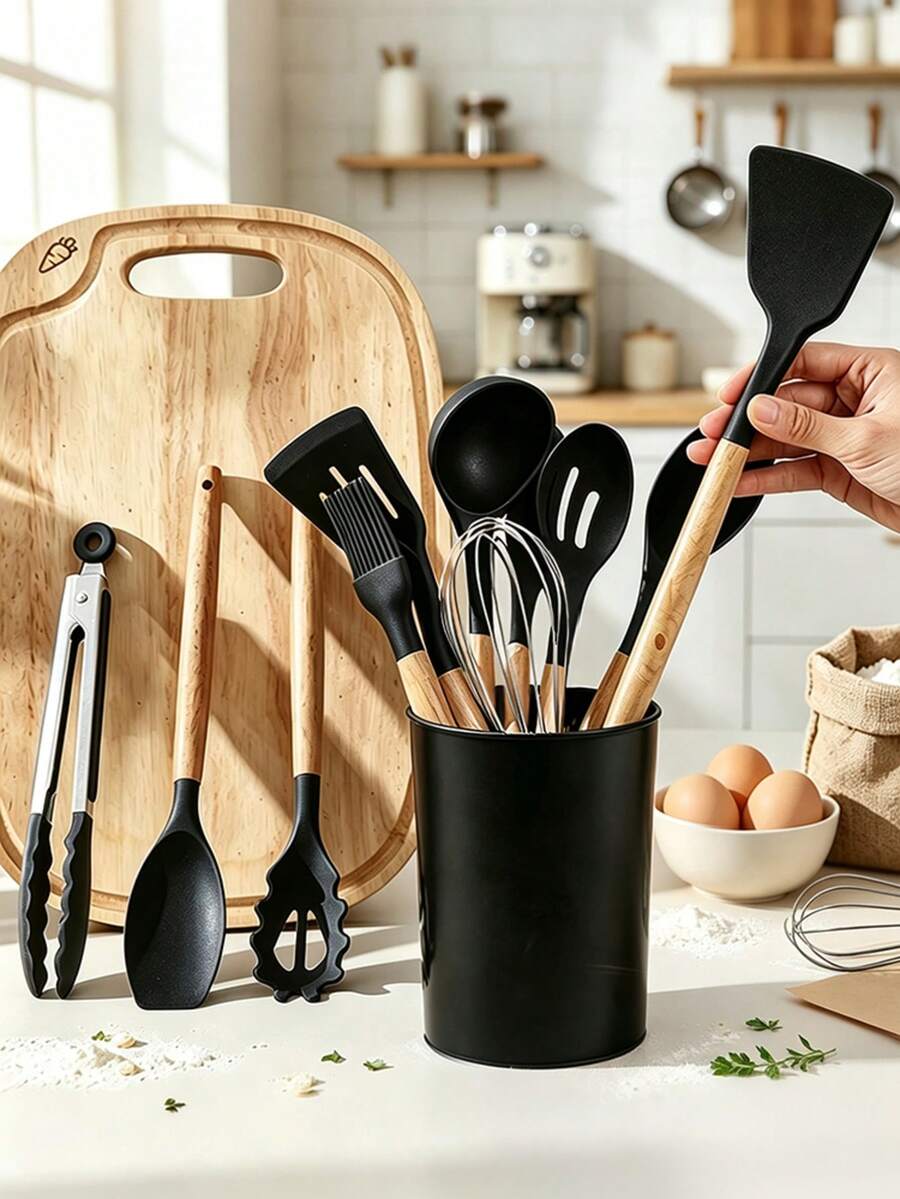 Haus Hana Silicone Kitchenware 24-Piece Wooden Handle Kitchen Silicone Set Shovel Spoon With Storage Barrel Non-Stick Non-Slip Kitchen Cooking Tools Combination Home. - Black - View 1