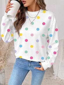 SHEIN LUNE 女款俏皮可愛彩色波點圖案運動衫，現代都市時尚商務休閒辦公穿搭，低調老錢風優雅款 - 白色 - 查看 2