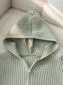 Tween Girl Solid Color Long Sleeve Zip-Up Hooded Knit Cardigan - Green - View 3
