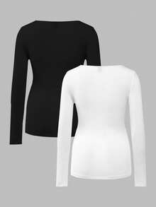 Modmama 2pcs Pregnant Women Skinny Long Sleeve Square Neck Casual T-Shirt Set, For Maternity Fall - Black and White - View 3