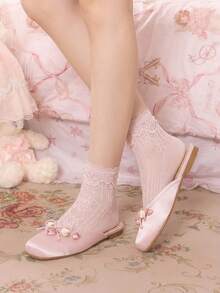 Dola Lovely Damen Rosa Satin Quadratische Zehen Schleife Blume Flache Schuhe, Sanft und Süß Vielseitig Temperament Slouchy Mules Schuhe, Modische Mules - Pink - Übersicht 10