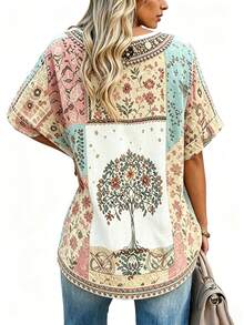 Breezaya Vintage Floral Heart-Shaped Print Short-Sleeved Pattern T-Shirt, Bohemian Style Women's T-Shirt - Multicolor - View 2