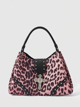 Grunge Punk Borsa a spalla da donna alla moda personalizzata stile retrò punk Spice Girl Y2K con decorazione hardware croce gotica argento e stampa leopardata rosa