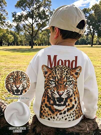 SHEIN 1pc Young Boys Casual College Style Comfortable Fashion Minimalist Streetwear Loose Fit Practical Versatile Tiger & Letter Graphic Back Design Thick Sweatshirt Suitable For Autumn/Winter Daily School Outings Sports