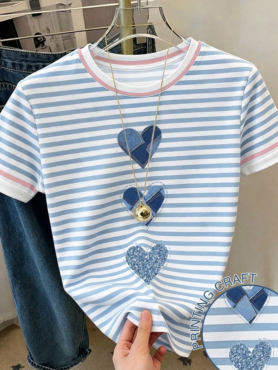 Resyla 女款愛心條紋印花圓領短袖休閒T恤 - 白色 - 查看 1