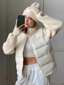 DAZY Women's Colorblock Zipper Casual Winter Padded Coat Fall - White - View 5