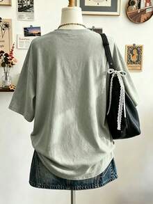 Lalippa 大尺碼女款字母與貓咪印花落肩寬鬆休閒圓領T恤 - 薄荷綠 - 查看 2