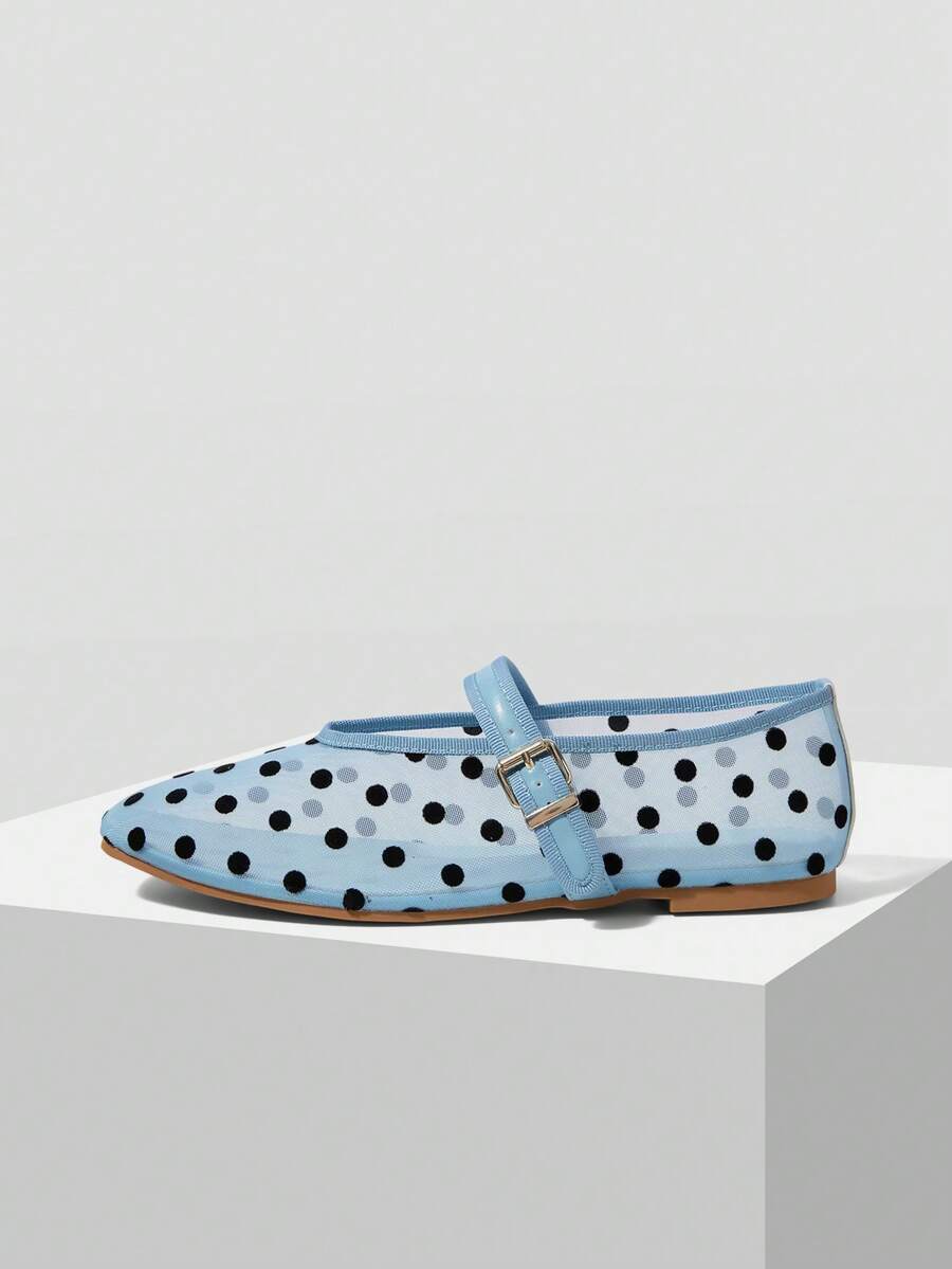 MOTF PREMIUM WOMEN LIGHT BLUE POLKA DOT BUCKLE STRAP FLATS VALENTINE'S DAY FALL SHOES - Light blue - View 2