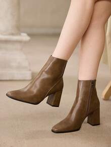 MOTF PREMIUM WOMEN'S FASHION SIMPLE SOLID SIDE ZIP HIGH HEEL ANKLE BOOTS, SPRING SHOES FOR EASTER AND CHRISTMAS - Khaki - View 1