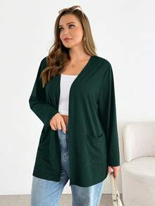 SHEIN Essnce Chaqueta casual versátil de unicolor talla grande - Verde Oscuro - Ver 3