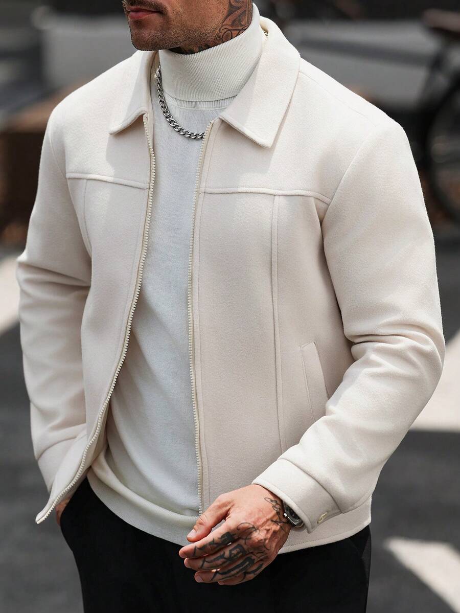 Manfinity CasualCool 男士卡其色翻領拉鍊休閒大衣 - 卡其色 - 查看 1